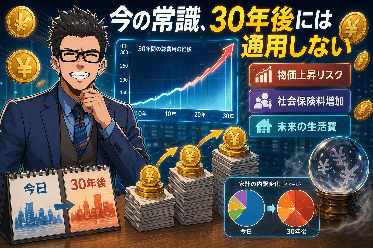 今の常識、30年後には通用しないについて物価上昇リスクや社会保険料増加や未来の生活費などの要素を描いたイラスト