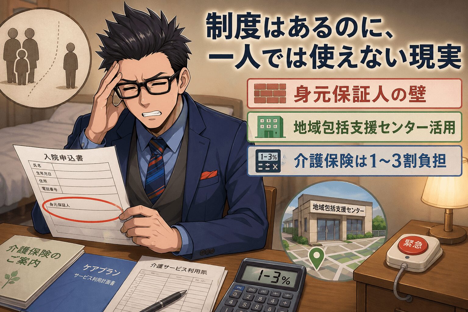 制度はあるのに、一人では使えない現実について身元保証人の壁や地域包括支援センター活用や介護保険は1〜3割負担などの要素を描いたイラスト