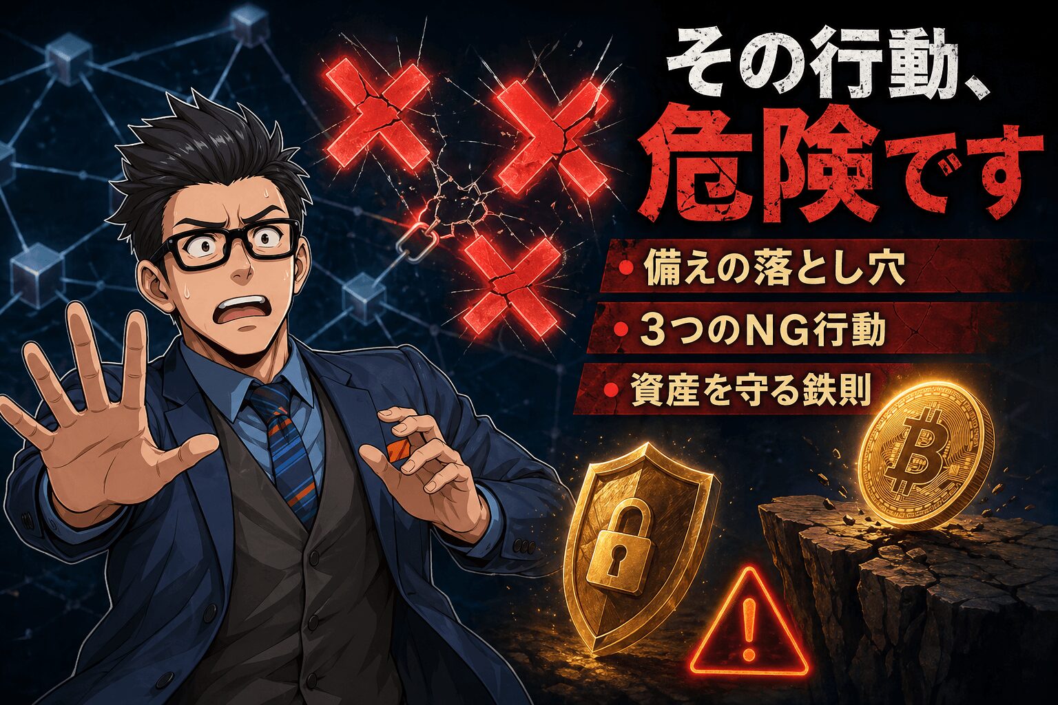 その行動、危険ですについて備えの落とし穴や3つのNG行動や資産を守る鉄則などの要素を描いたイラスト
