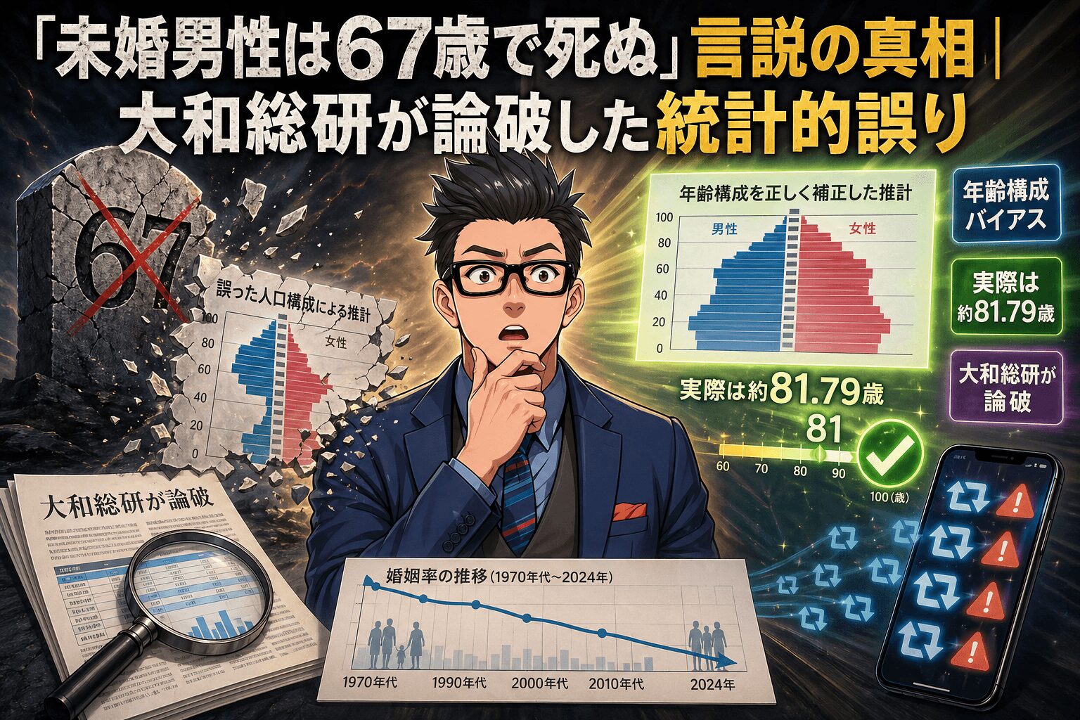 67歳で死ぬは嘘だったについて年齢構成バイアスや実際は約81.79歳や大和総研が論破などの要素を描いたイラスト