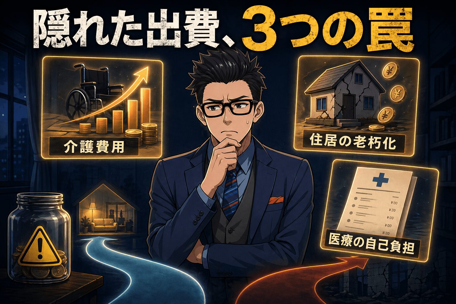 隠れた出費、3つの罠について介護費用や住居の老朽化や医療の自己負担などの要素を描いたイラスト