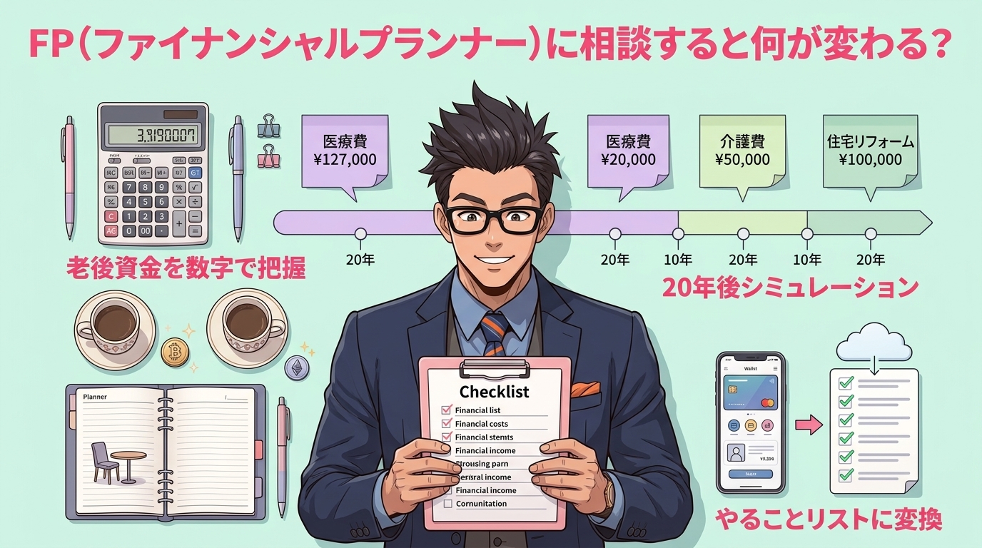 漠然とした不安が消える瞬間について老後資金を数字で把握や20年後シミュレーションややることリストに変換などの要素を描いたイラスト
