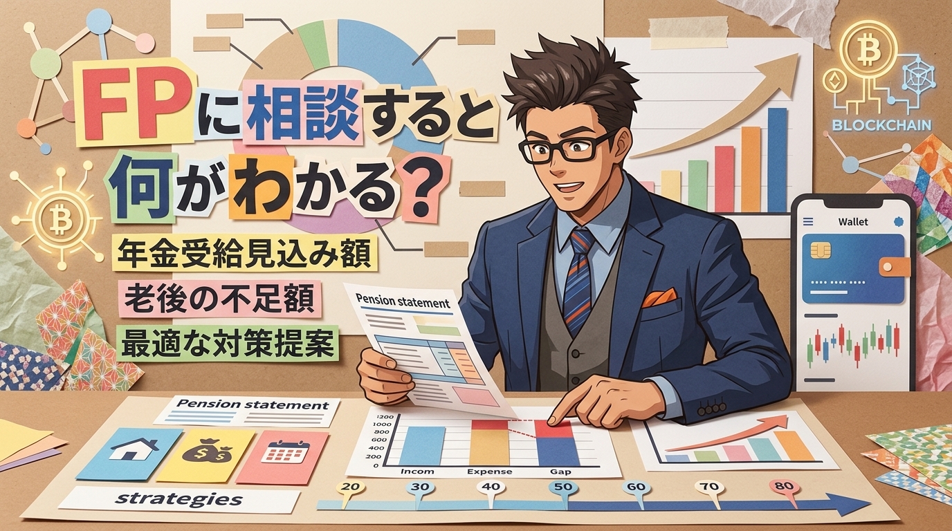 不安を数字に変えるについて年金受給見込み額や老後の不足額や最適な対策提案などの要素を描いたイラスト
