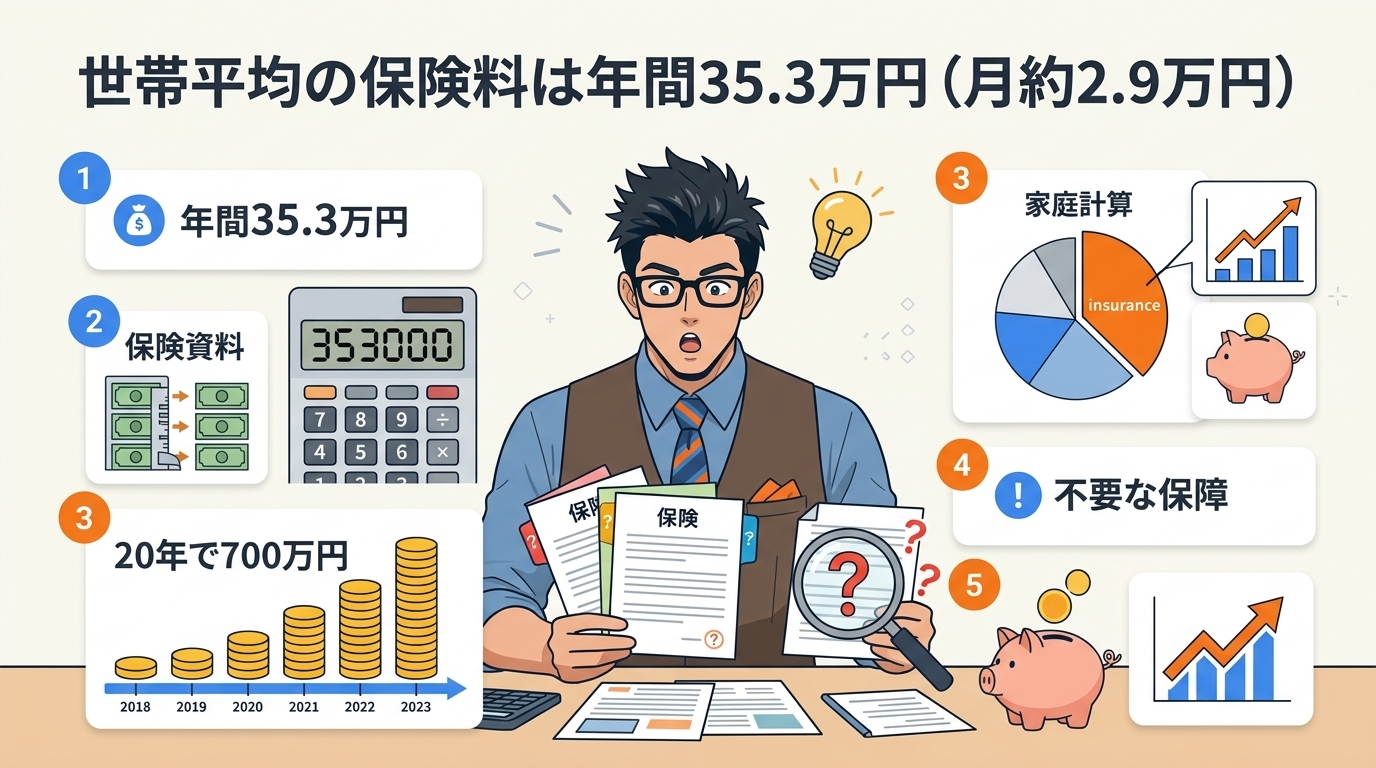 その保険、全部要る?について年間35.3万円や20年で700万円や不要な保障などの要素を描いたイラスト