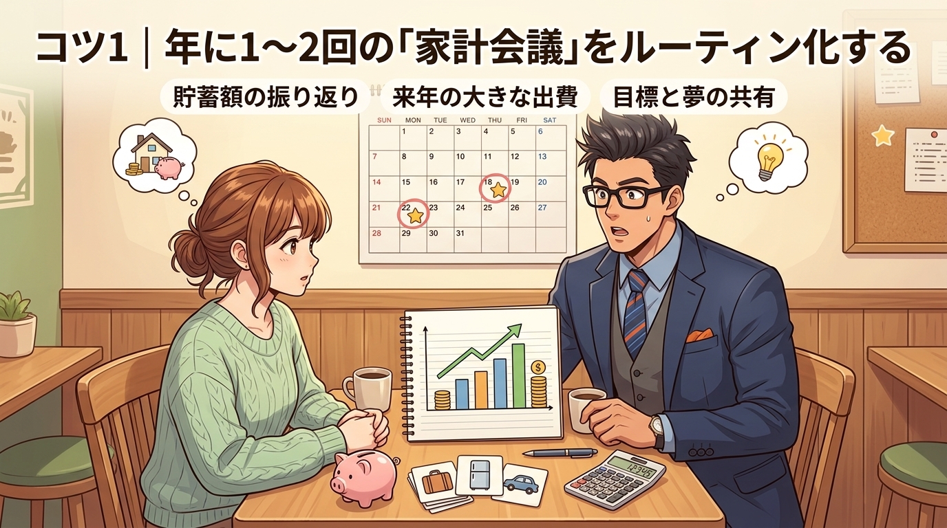 年1回の家計会議について貯蓄額の振り返りや来年の大きな出費や目標と夢の共有などの要素を描いたイラスト