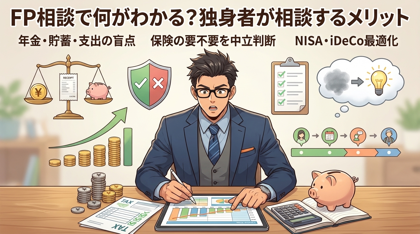 お金の全体像、見えてますか?について年金・貯蓄・支出の盲点や保険の要不要を中立判断やNISA・iDeCo最適化などの要素を描いたイラスト