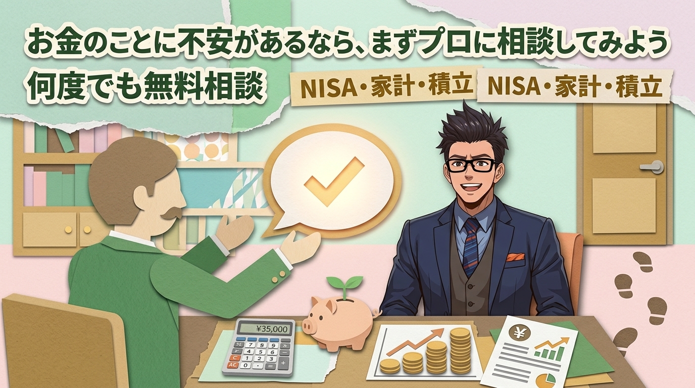 一人で悩まなくていいんだについて何度でも無料相談やNISA・家計・積立などの要素を描いたイラスト