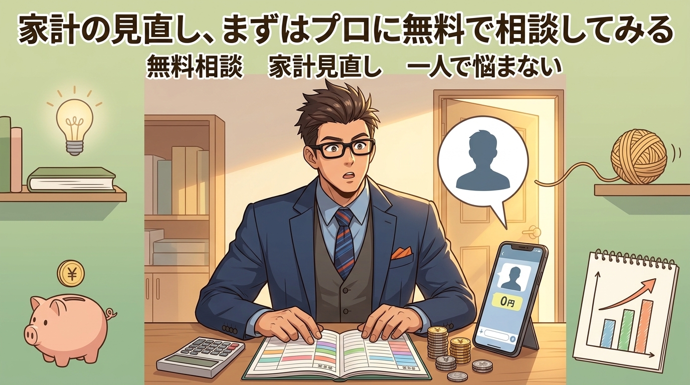 プロに頼る勇気について無料相談や家計見直しや一人で悩まないなどの要素を描いたイラスト