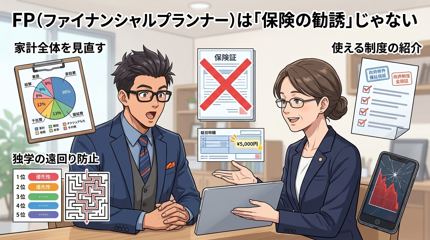 手取り13万こそプロに頼る理由があるについて家計全体を見直すや独学の遠回り防止や使える制度の紹介などの要素を描いたイラスト
