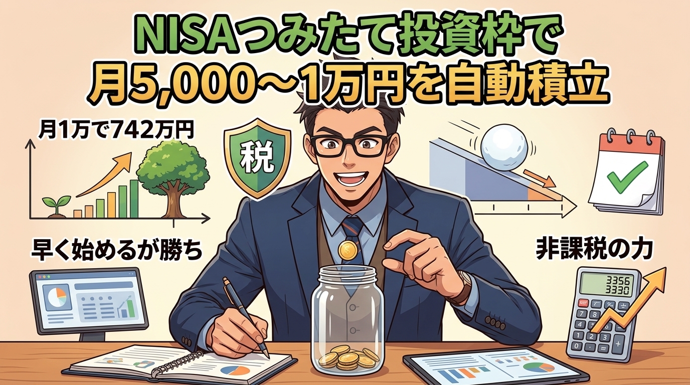 時間が育てるお金について月1万で742万円や早く始めるが勝ちや非課税の力などの要素を描いたイラスト