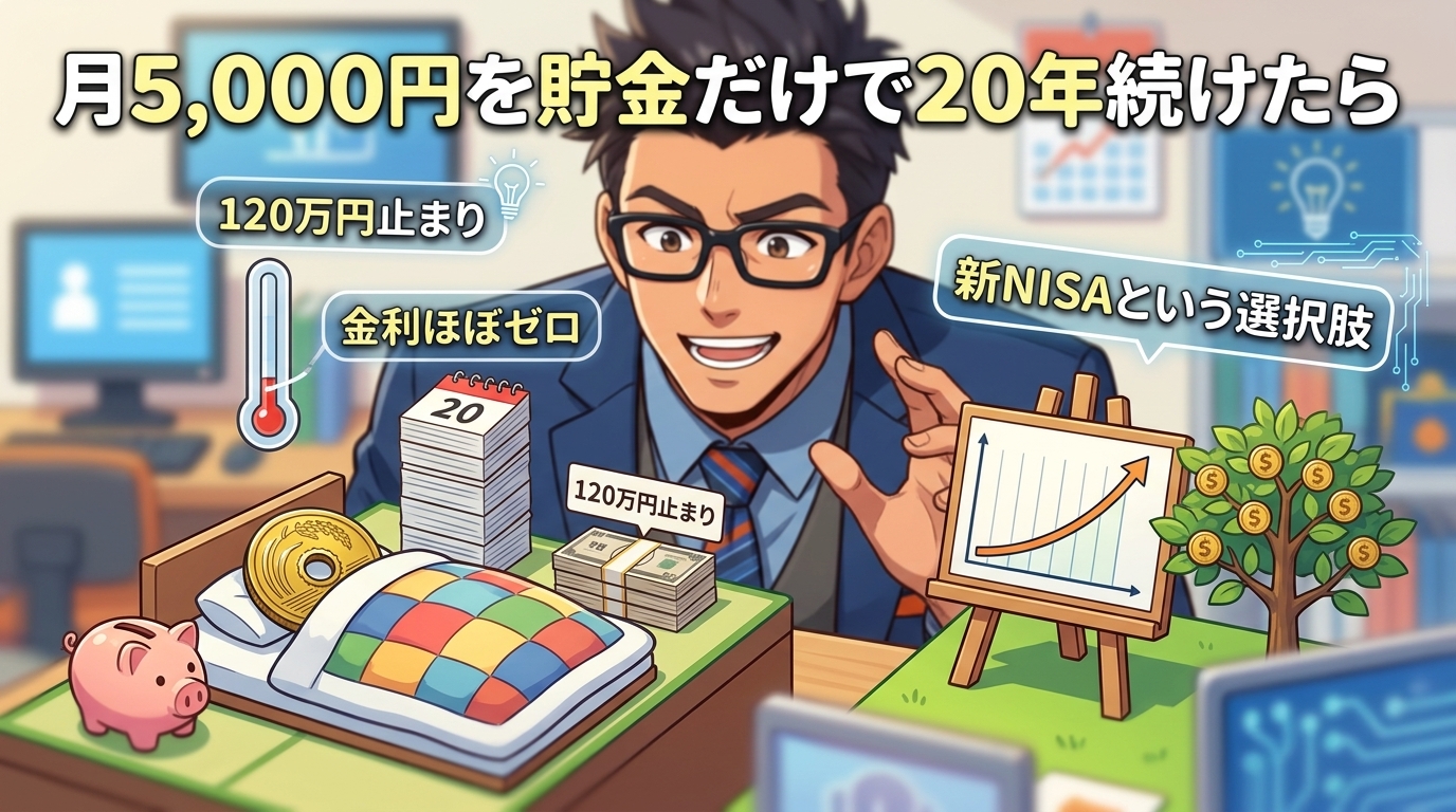 寝かせるだけ?について120万円止まりや金利ほぼゼロや新NISAという選択肢などの要素を描いたイラスト