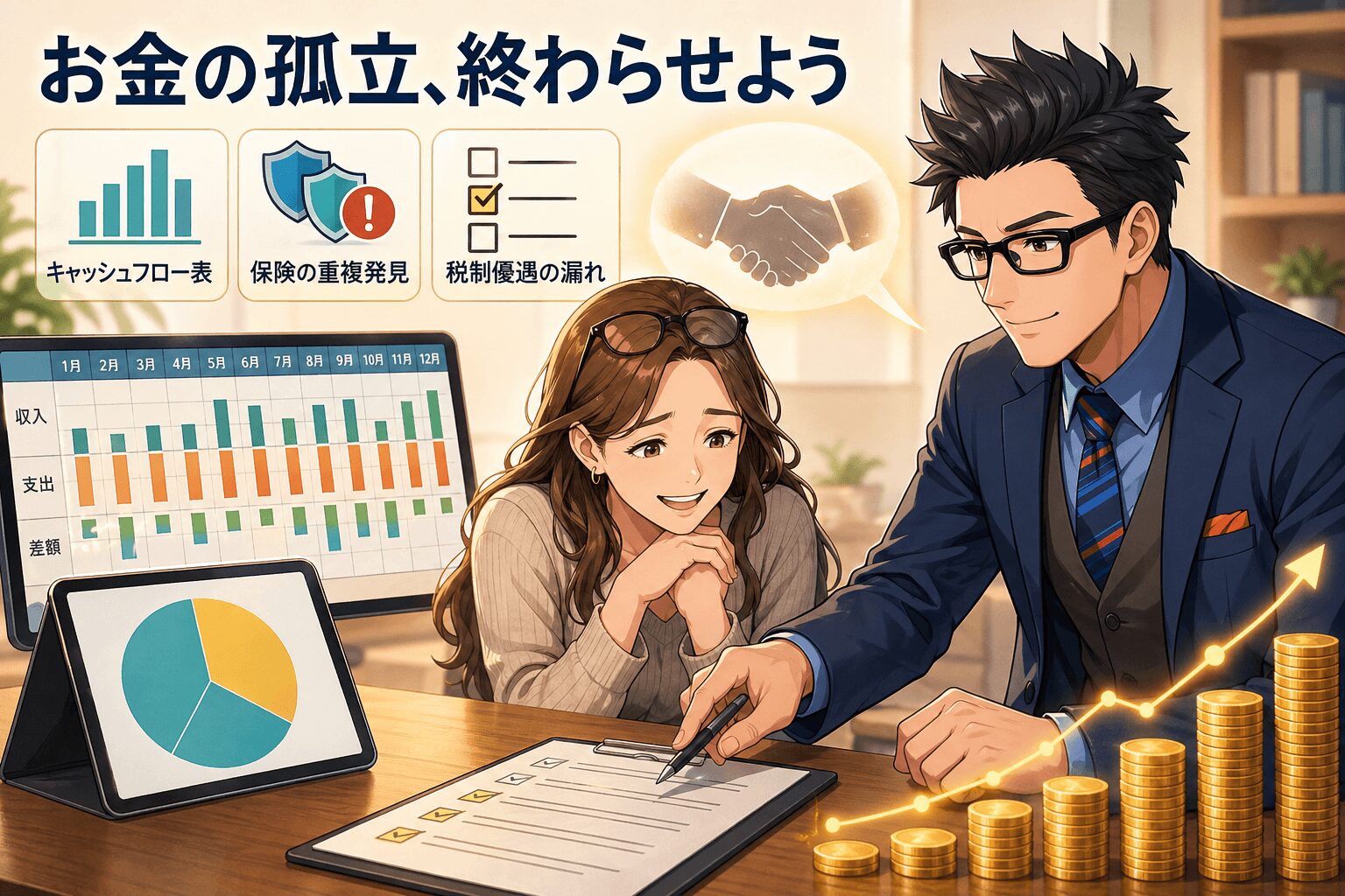 お金の孤立、終わらせようについてキャッシュフロー表や保険の重複発見や税制優遇の漏れなどの要素を描いたイラスト