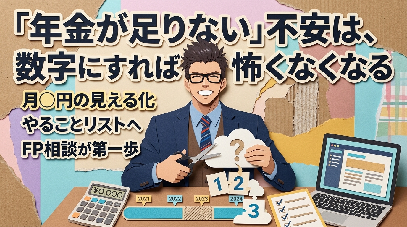 不安を数字に変えろについて月○円の見える化ややることリストへやFP相談が第一歩などの要素を描いたイラスト