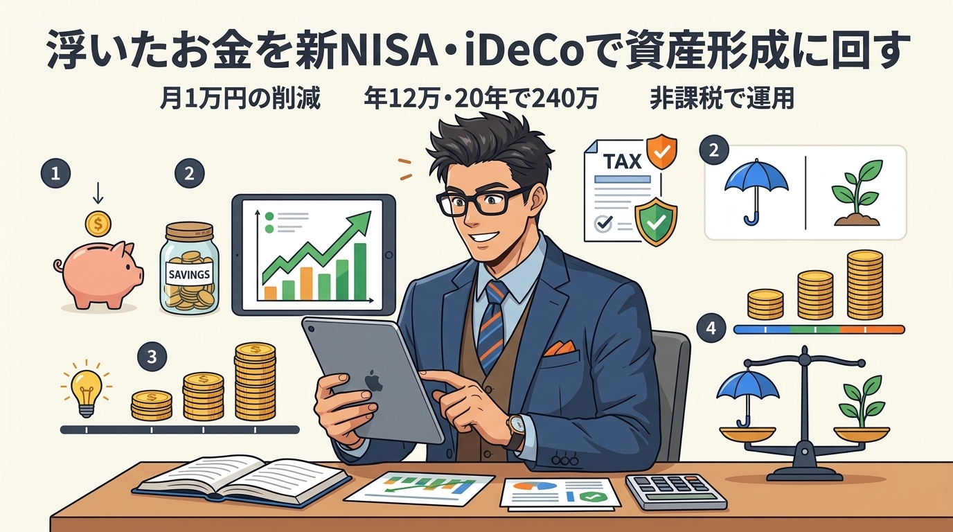 浮いたお金の育て方について月1万円の削減や年12万・20年で240万や非課税で運用などの要素を描いたイラスト