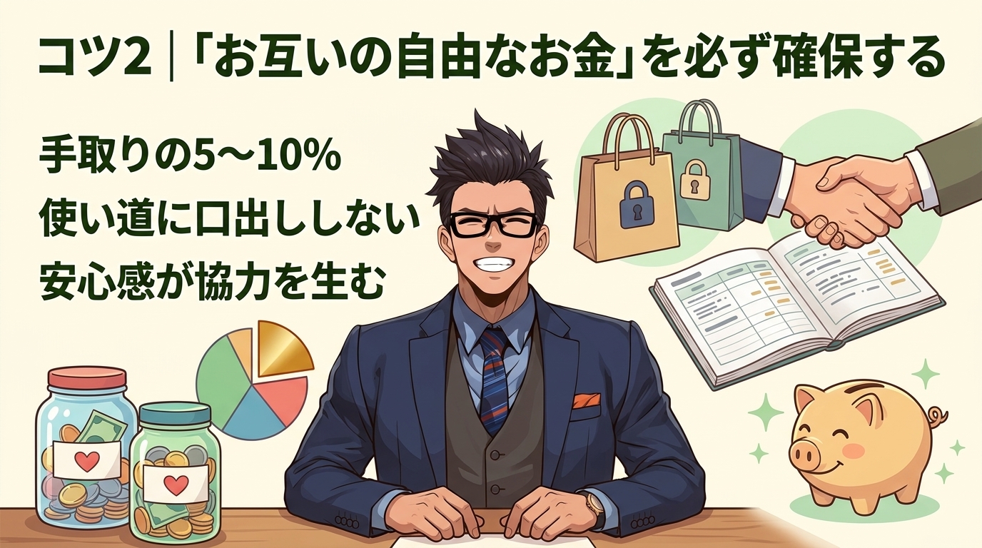 自由なお金の確保術について手取りの5〜10%や使い道に口出ししないや安心感が協力を生むなどの要素を描いたイラスト