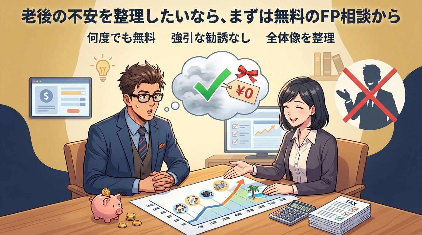 老後、見える化しようについて何度でも無料や強引な勧誘なしや全体像を整理などの要素を描いたイラスト