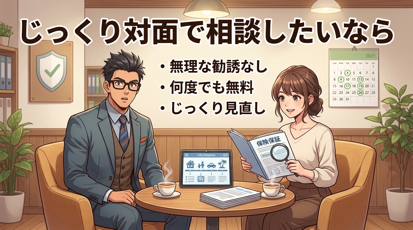 何度でも無料、納得するまで隣にいるについて無理な勧誘なしや何度でも無料やじっくり見直しなどの要素を描いたイラスト