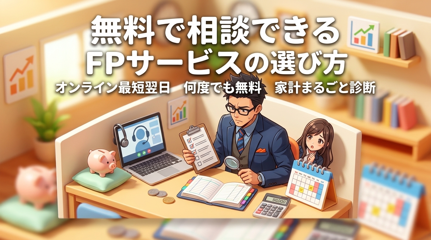 FP相談、実は無料についてオンライン最短翌日や何度でも無料や家計まるごと診断などの要素を描いたイラスト