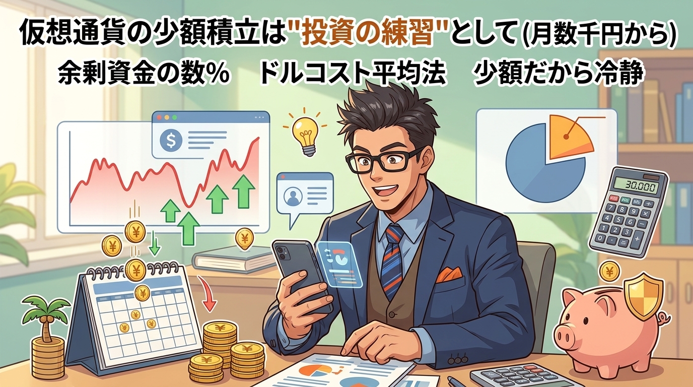 500円から始める練習について余剰資金の数%やドルコスト平均法や少額だから冷静などの要素を描いたイラスト