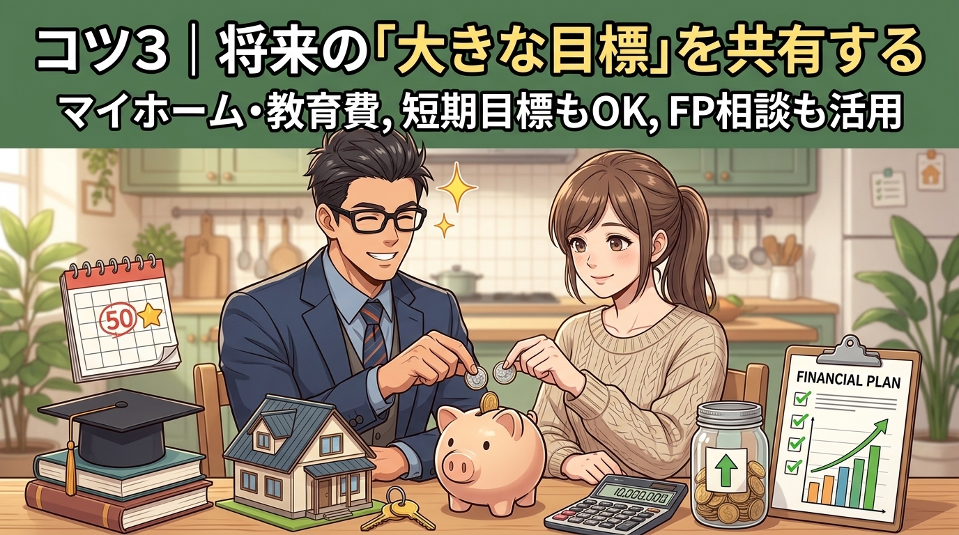 夫婦で目標共有についてマイホーム・教育費や短期目標もOKやFP相談も活用などの要素を描いたイラスト
