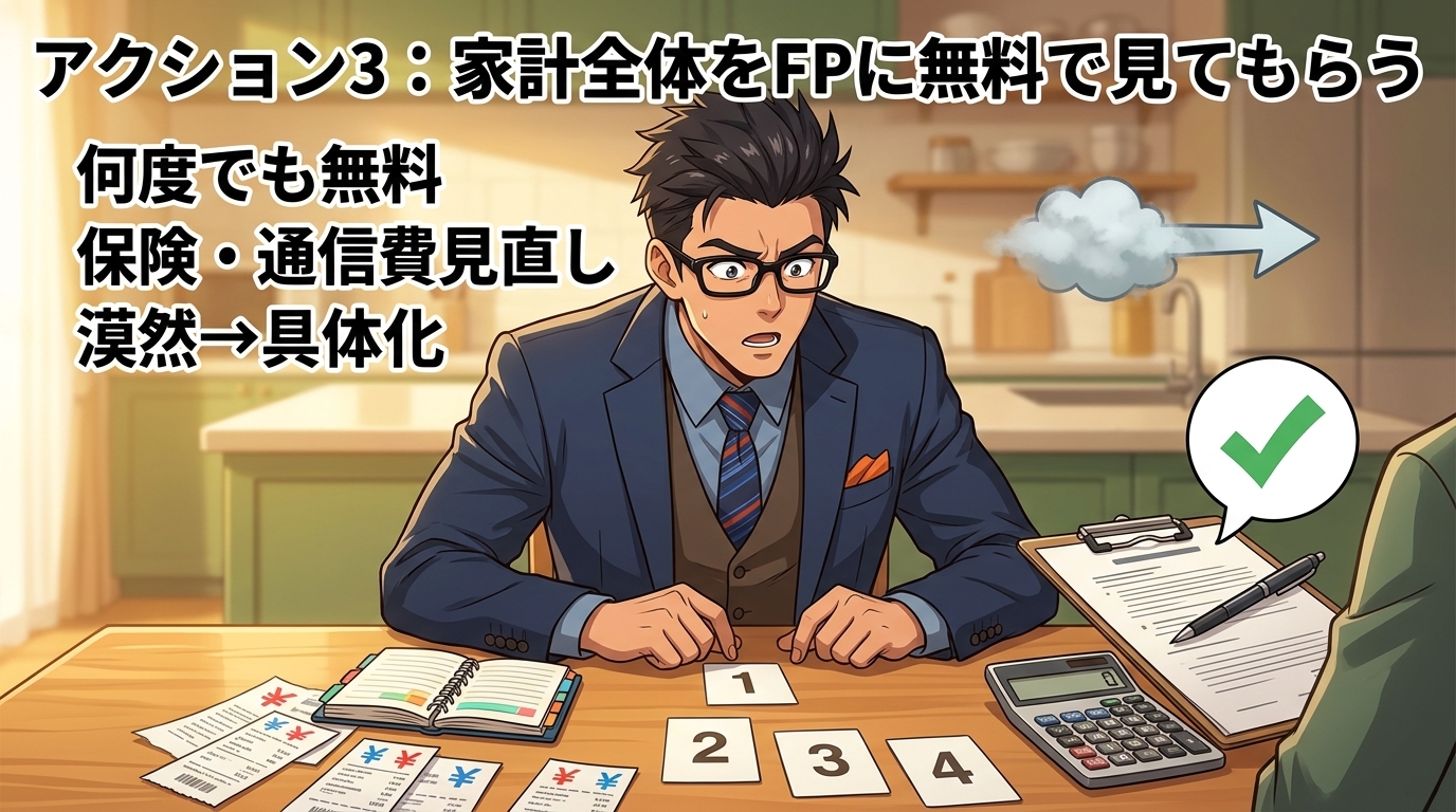 プロに頼る勇気について何度でも無料や保険・通信費見直しや漠然→具体化などの要素を描いたイラスト
