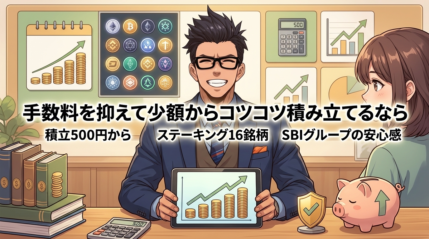 1円から始める堅実運用について積立500円からやステーキング16銘柄やSBIグループの安心感などの要素を描いたイラスト