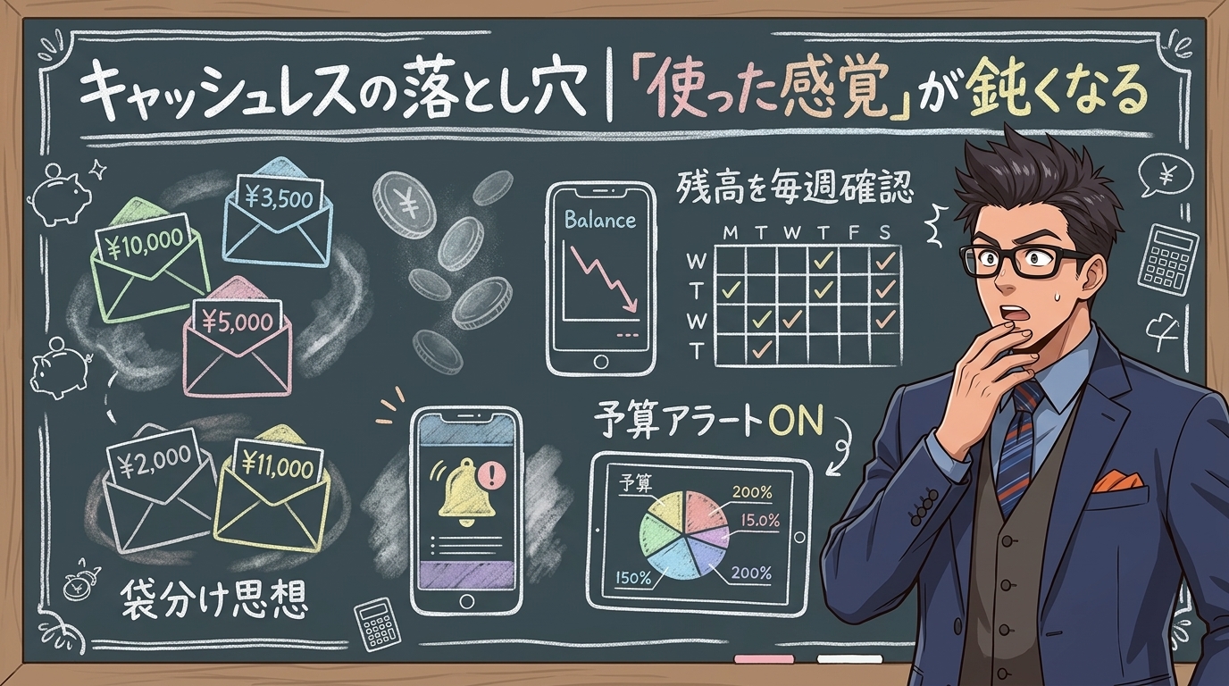 見えないお金の怖さについて残高を毎週確認や予算アラートONや袋分け思想などの要素を描いたイラスト