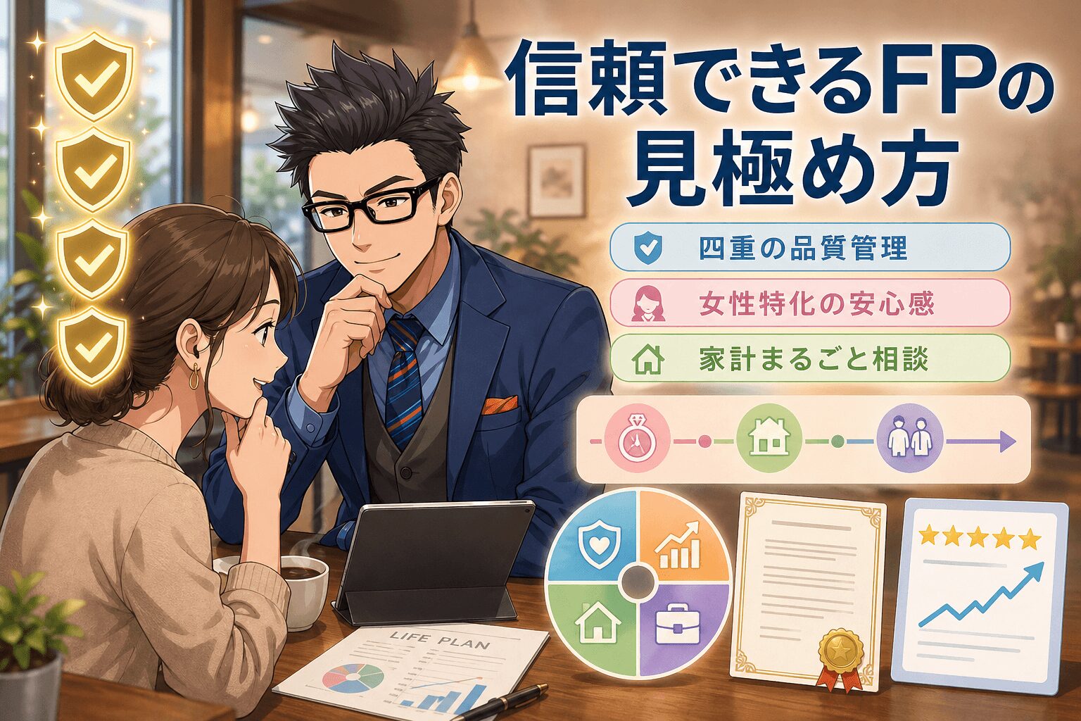 信頼できるFPの見極め方について四重の品質管理や女性特化の安心感や家計まるごと相談などの要素を描いたイラスト
