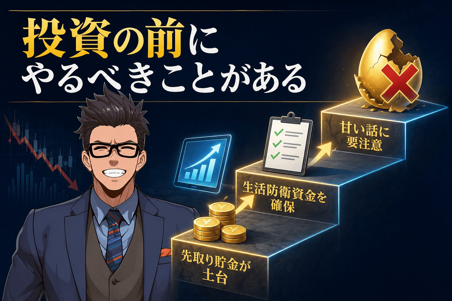 投資の前にやるべきことがあるについて先取り貯金が土台や生活防衛資金を確保や甘い話に要注意などの要素を描いたイラスト