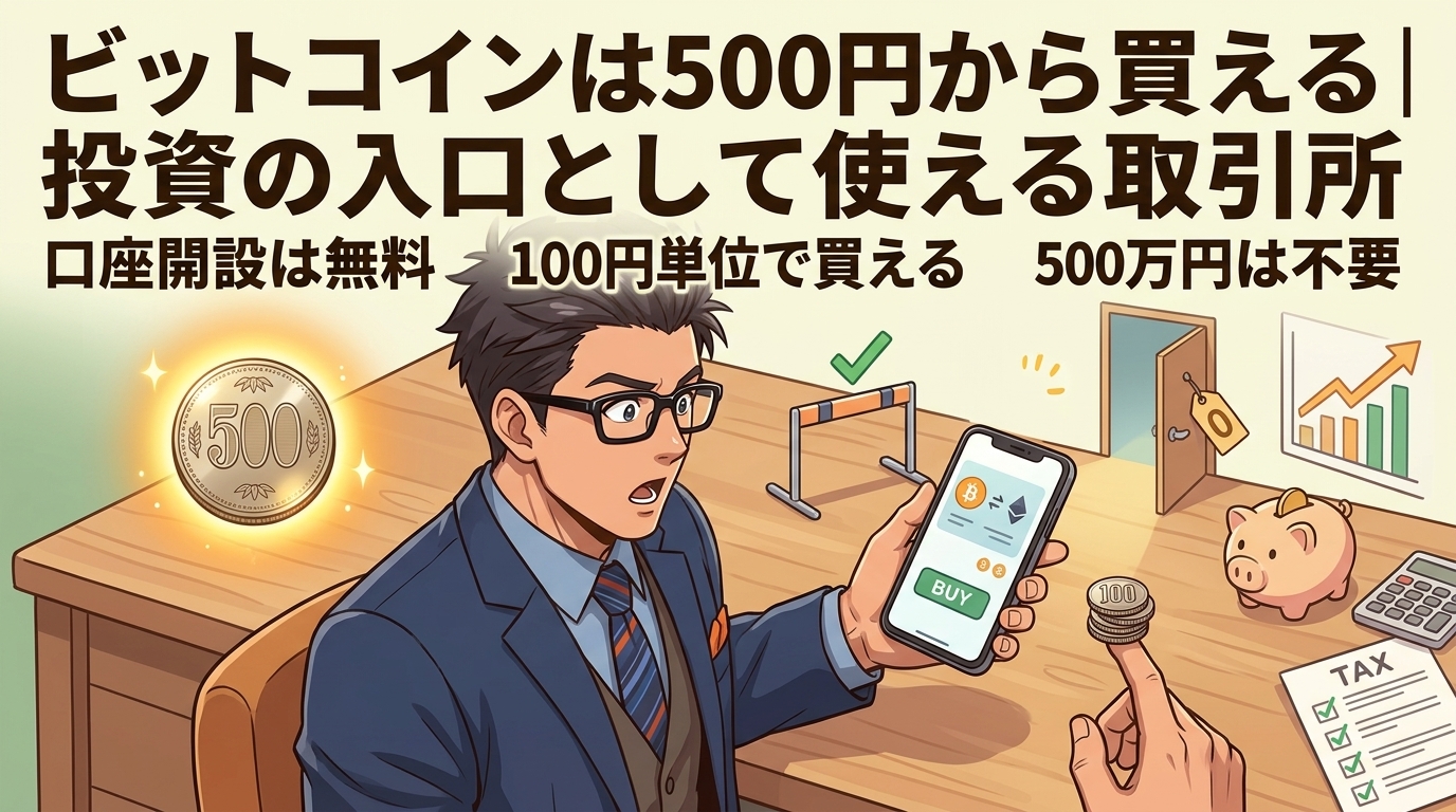 500円で始まるについて口座開設は無料や100円単位で買えるや500万円は不要などの要素を描いたイラスト