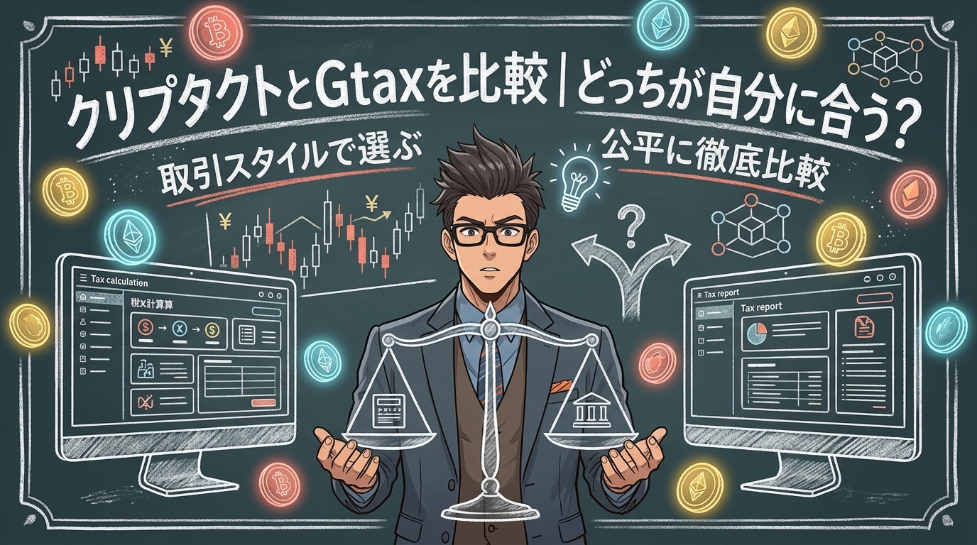 あなたに合うのはどっち?について取引スタイルで選ぶや公平に徹底比較などの要素を描いたイラスト