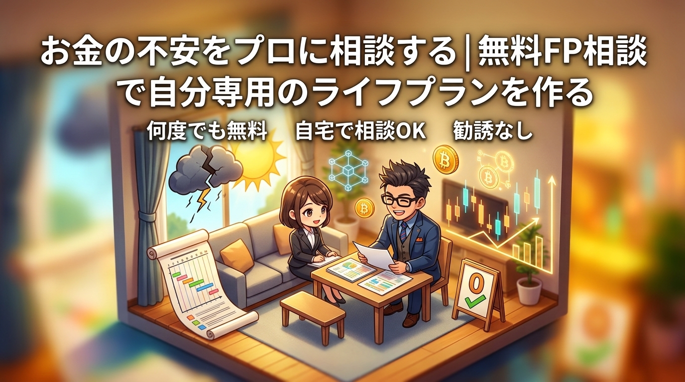 老後の不安、プロと一緒に消せるについて何度でも無料や自宅で相談OKや勧誘なしなどの要素を描いたイラスト