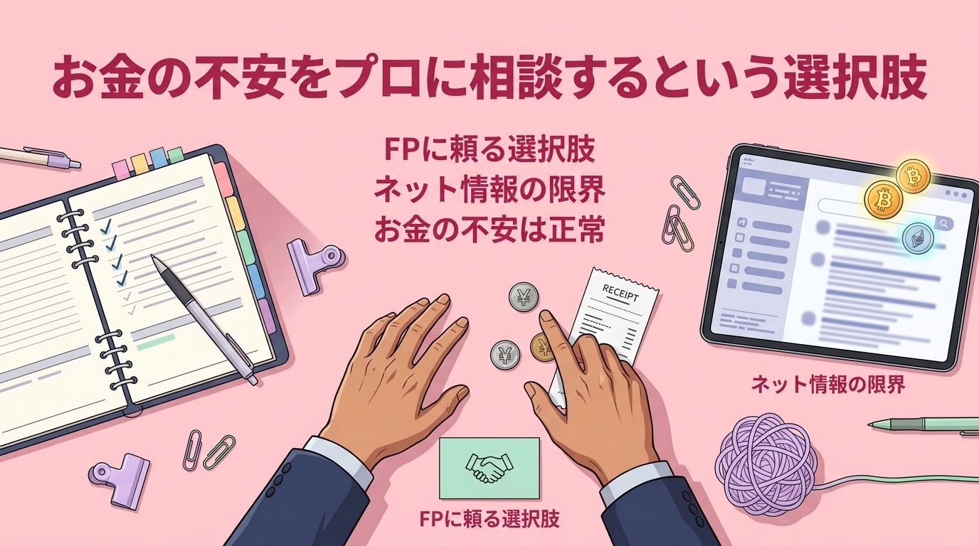 一人で悩まなくていいについてFPに頼る選択肢やネット情報の限界やお金の不安は正常などの要素を描いたイラスト
