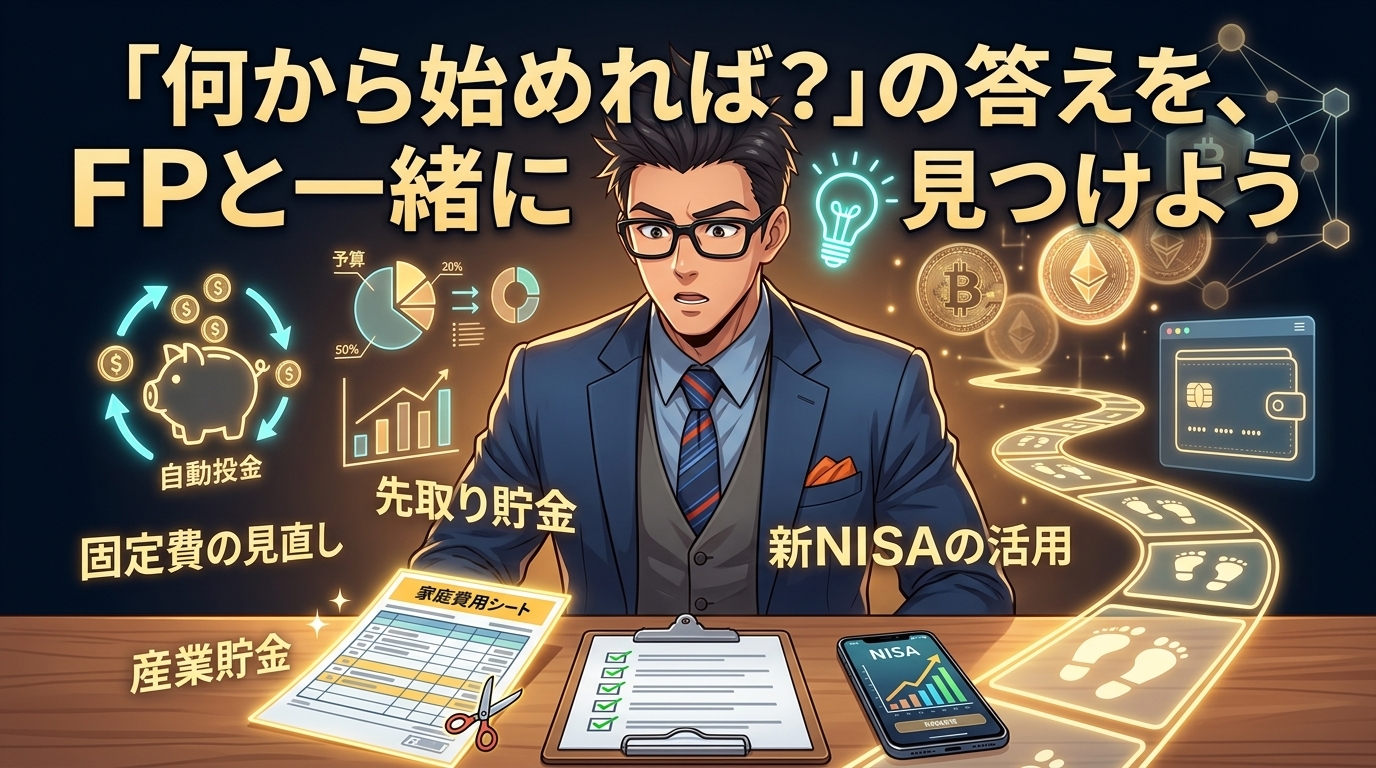 あなた専用の家計プラン、作れますについて固定費の見直しや先取り貯金や新NISAの活用などの要素を描いたイラスト