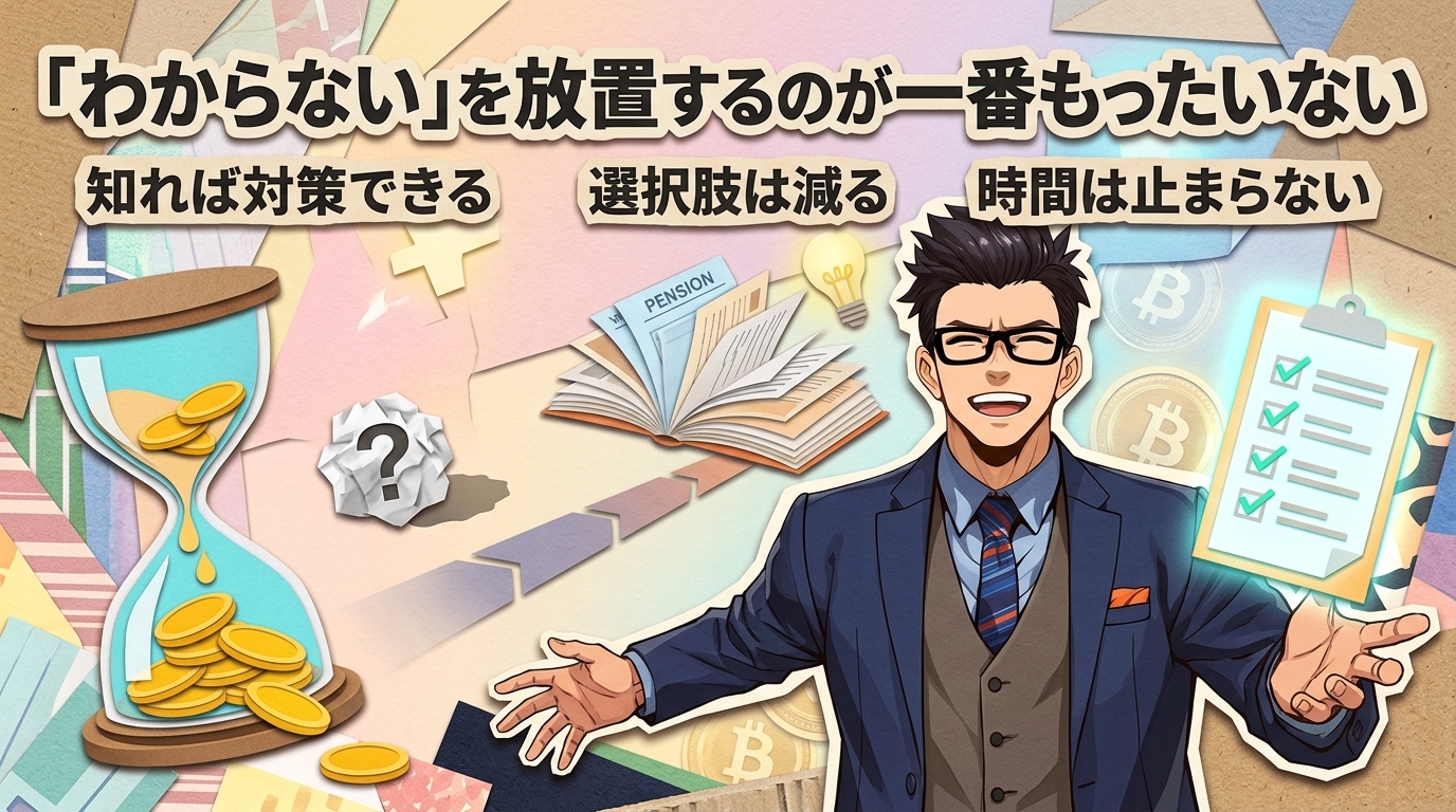 放置が一番の損について知れば対策できるや選択肢は減るや時間は止まらないなどの要素を描いたイラスト