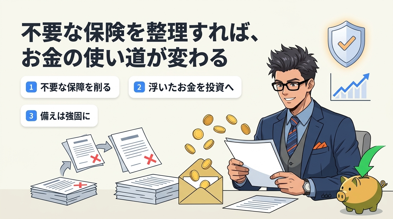 守り方を変えるについて不要な保障を削るや浮いたお金を投資へや備えは強固になどの要素を描いたイラスト