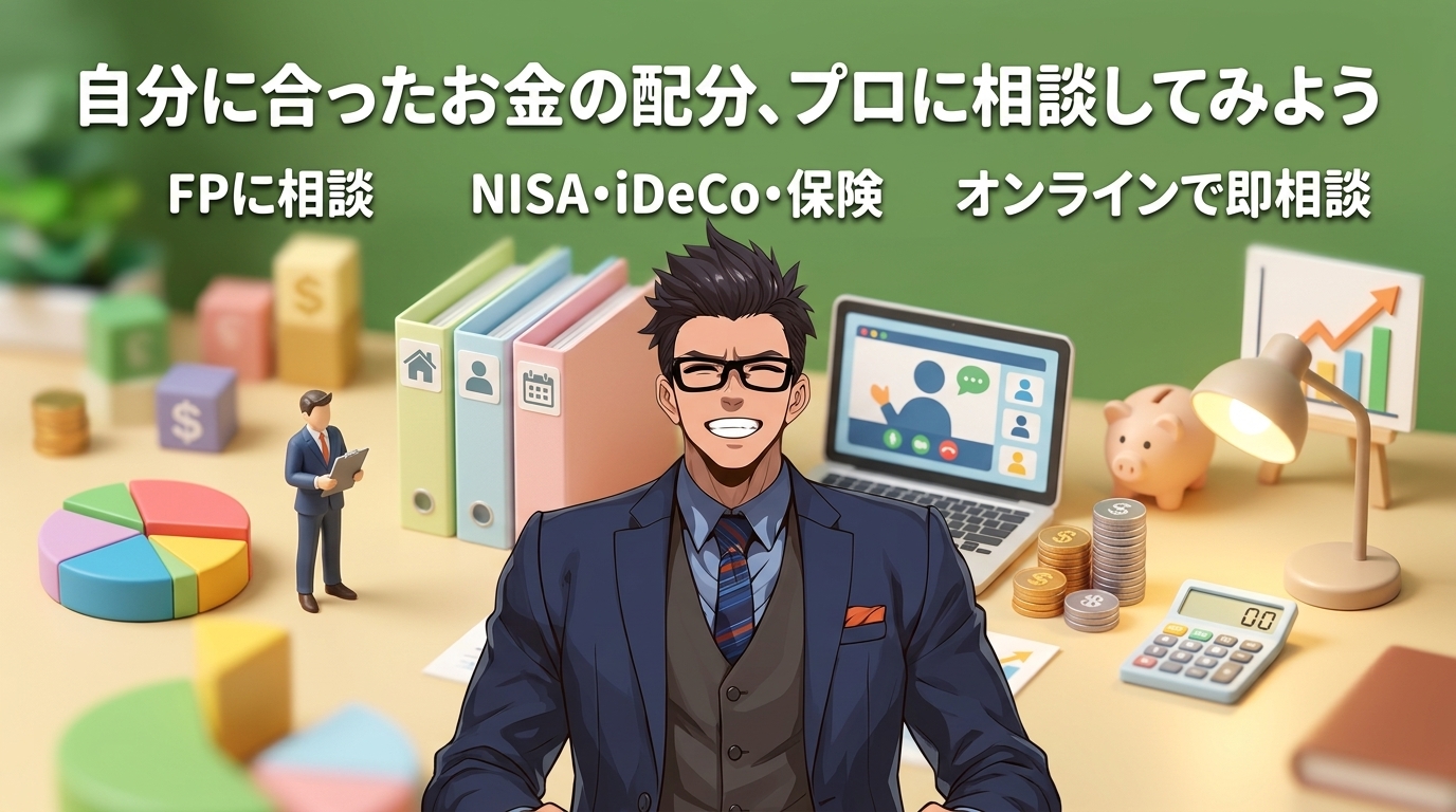お金の正解は人それぞれについてFPに相談やNISA・iDeCo・保険やオンラインで即相談などの要素を描いたイラスト
