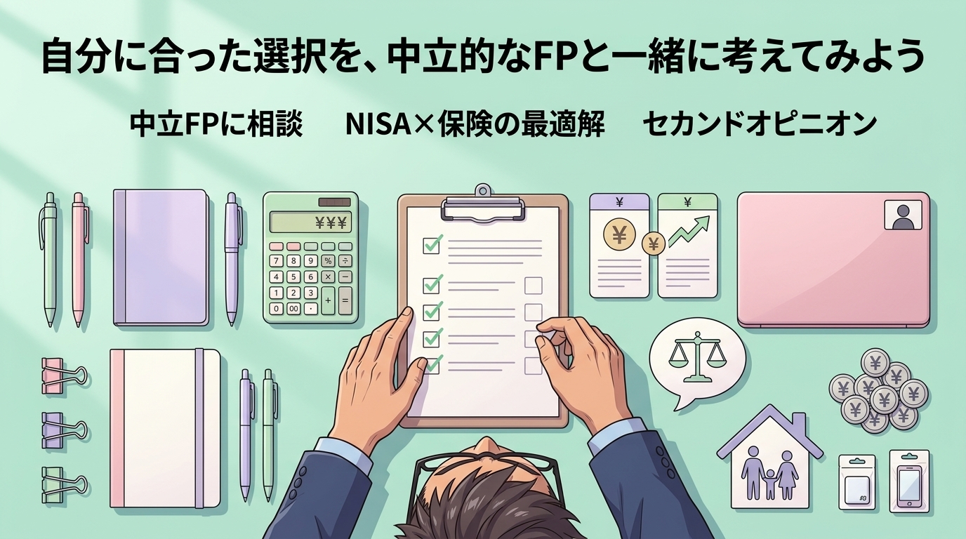 営業マンの言葉、鵜呑みにしてない?について中立FPに相談やNISA×保険の最適解やセカンドオピニオンなどの要素を描いたイラスト