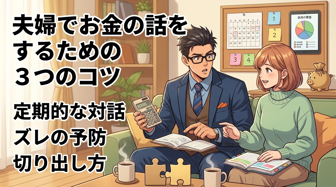 夫婦のお金会議術について定期的な対話やズレの予防や切り出し方などの要素を描いたイラスト
