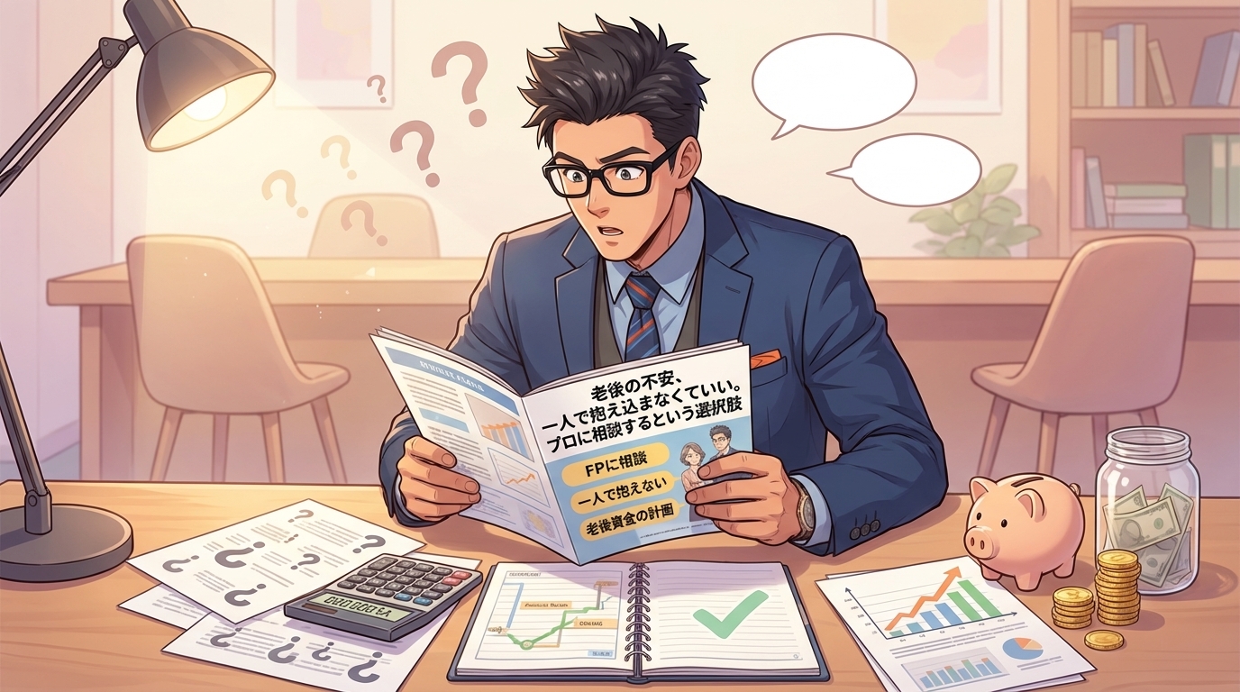 頼れる先があるについてFPに相談や一人で抱えないや老後資金の計画などの要素を描いたイラスト