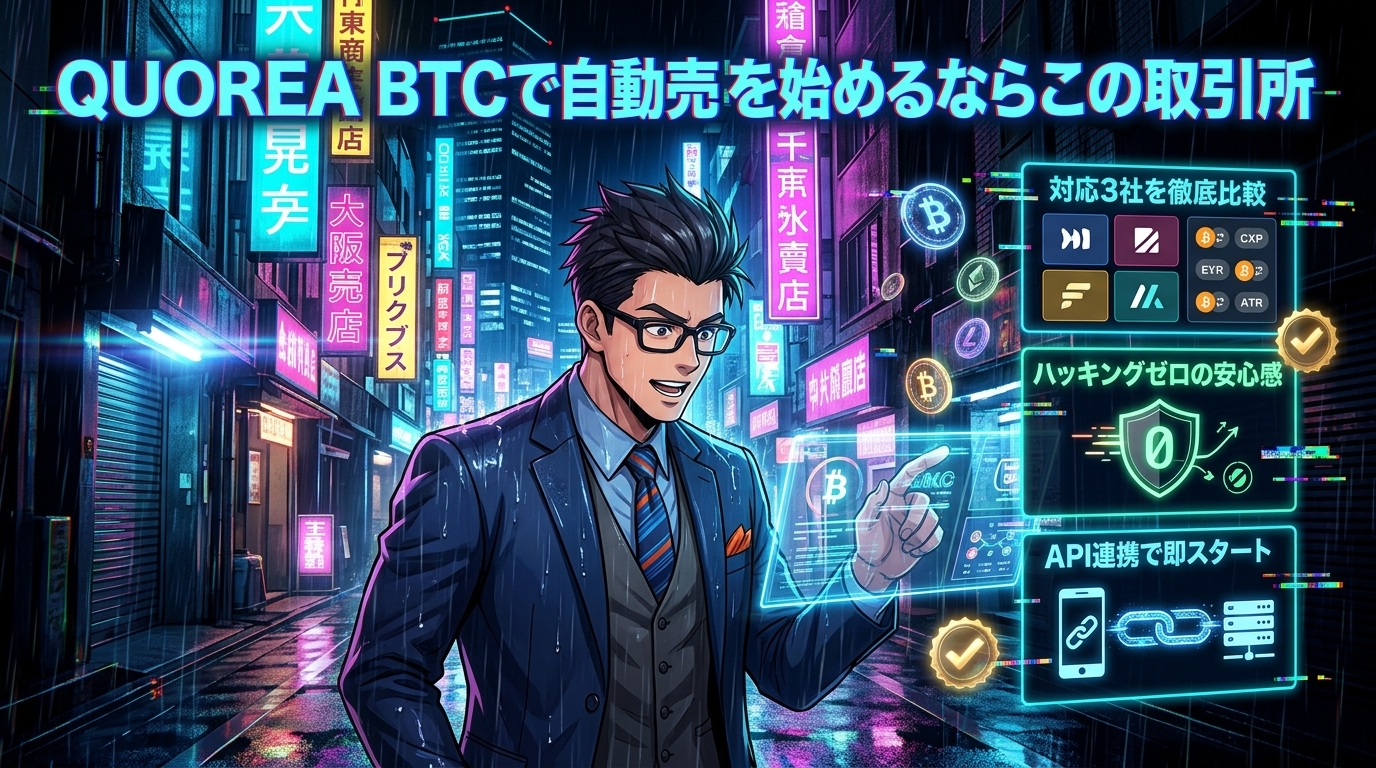 自動売買の第一歩は取引所選びで決まるについて対応3社を徹底比較やハッキングゼロの安心感やAPI連携で即スタートなどの要素を描いたイラスト