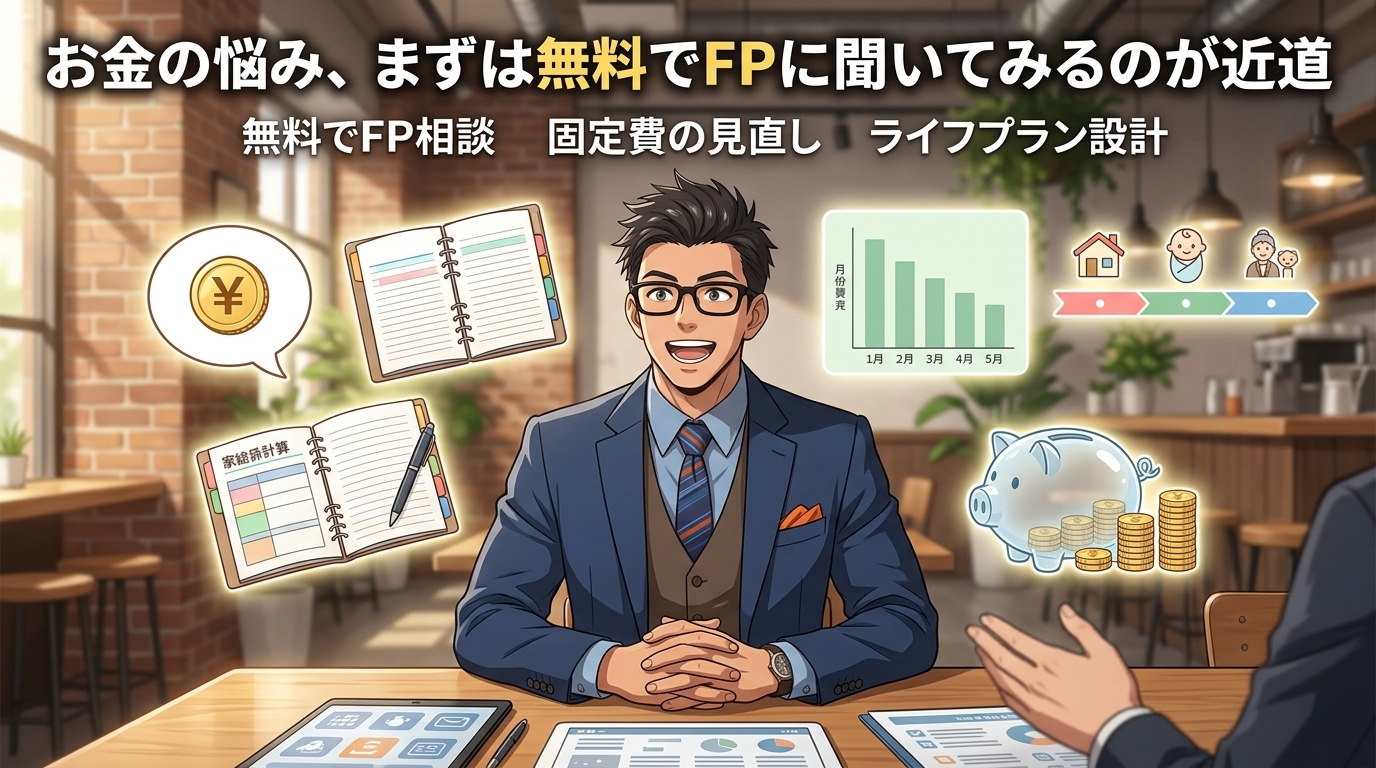 プロに聞くだけで家計が変わるについて無料でFP相談や固定費の見直しやライフプラン設計などの要素を描いたイラスト