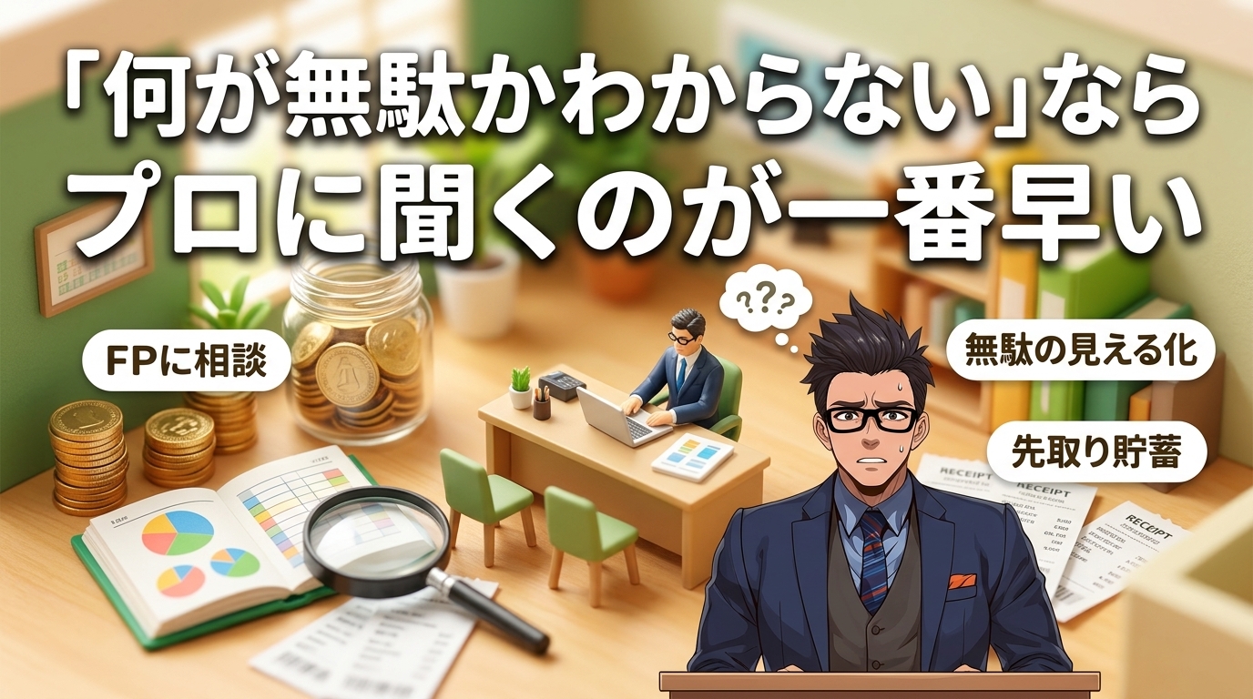 プロに頼る勇気についてFPに相談や無駄の見える化や先取り貯蓄などの要素を描いたイラスト