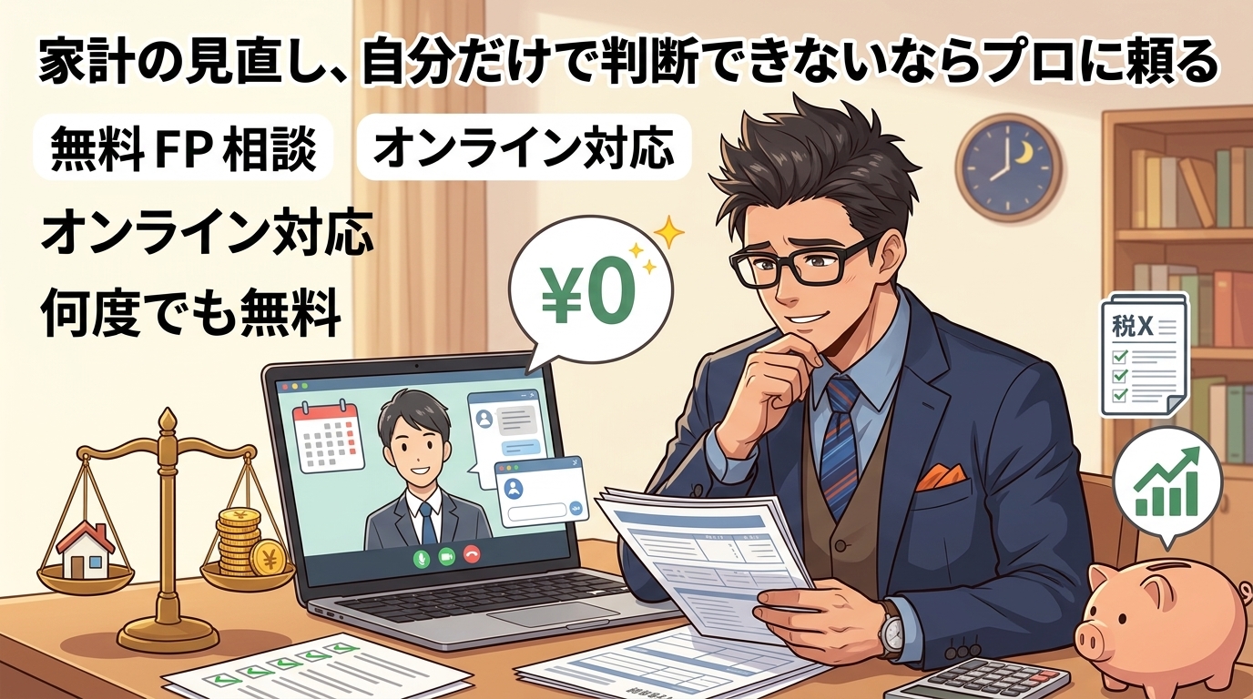 頼っていいについて無料FP相談やオンライン対応や何度でも無料などの要素を描いたイラスト