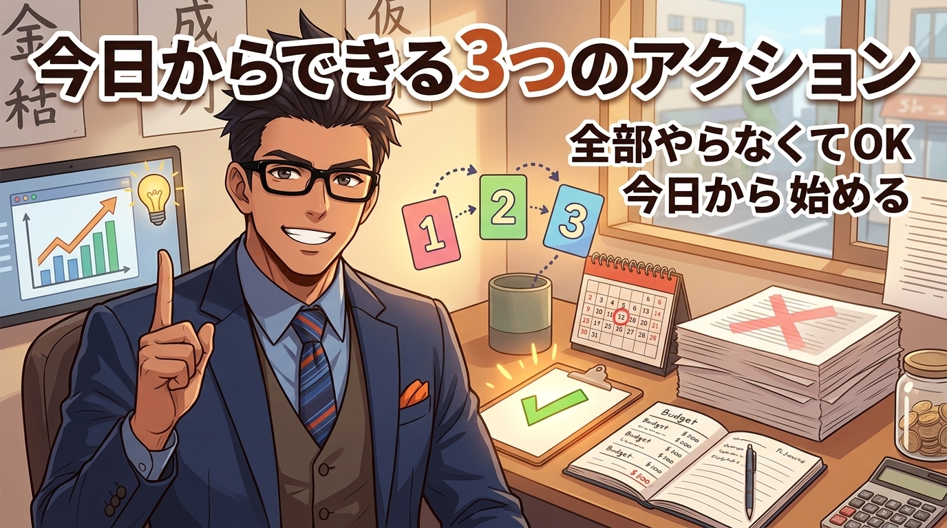 まず1つだけについて全部やらなくてOKや今日から始めるなどの要素を描いたイラスト