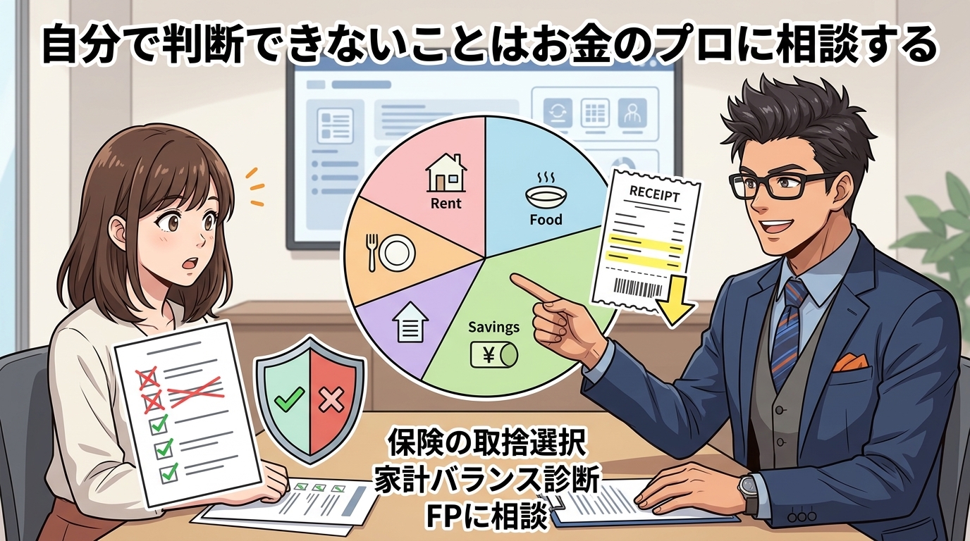 ひとりで悩まないで、頼れる味方がいるについて保険の取捨選択や家計バランス診断やFPに相談などの要素を描いたイラスト