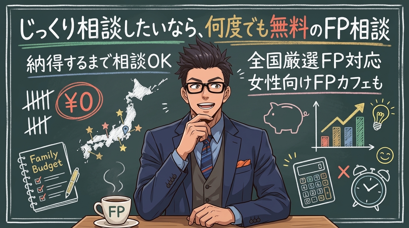 何度でも無料、だから安心して話せるについて納得するまで相談OKや全国厳選FP対応や女性向けFPカフェもなどの要素を描いたイラスト