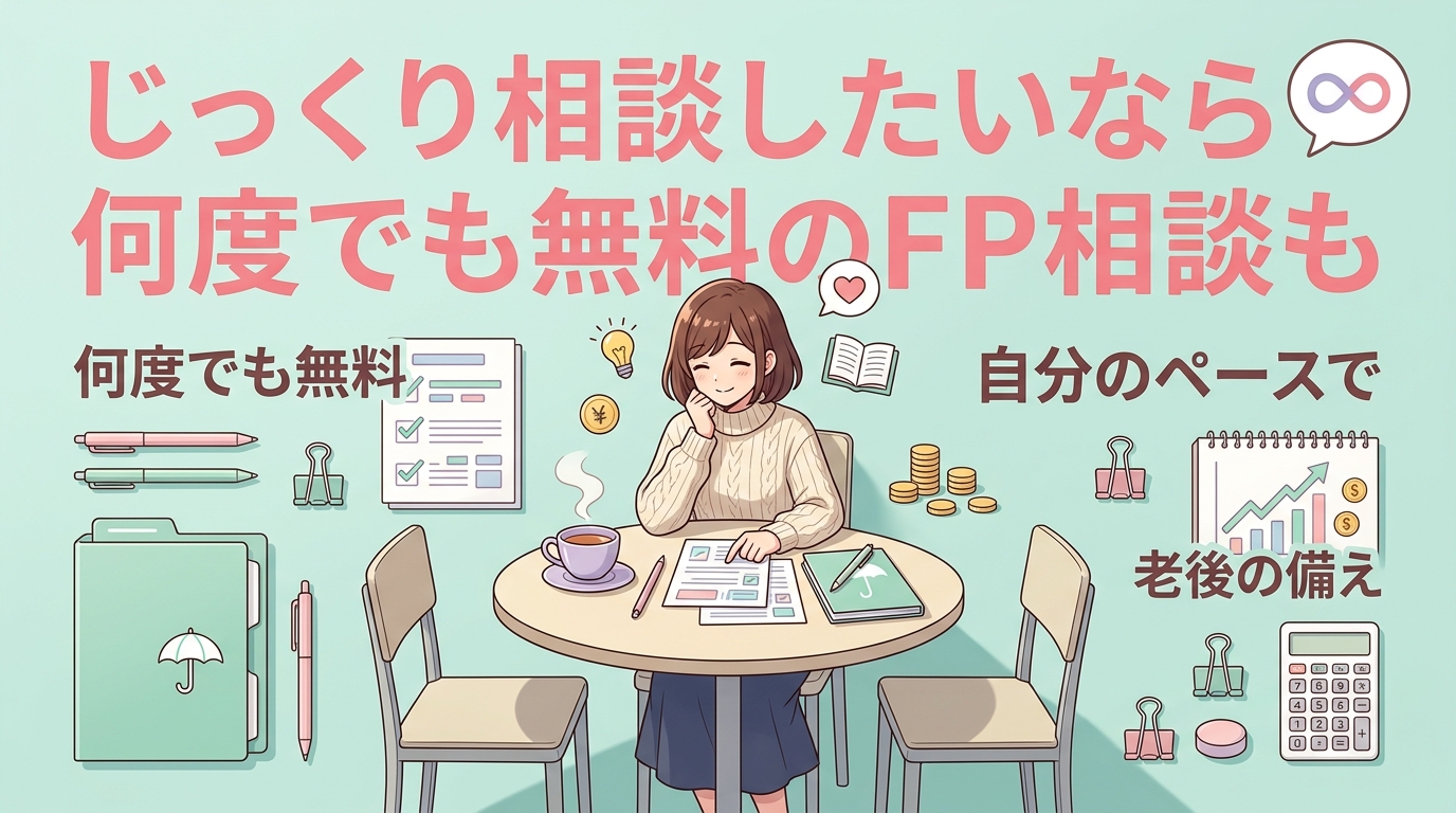 納得するまで、何度でも頼れる安心について何度でも無料や自分のペースでや老後の備えなどの要素を描いたイラスト