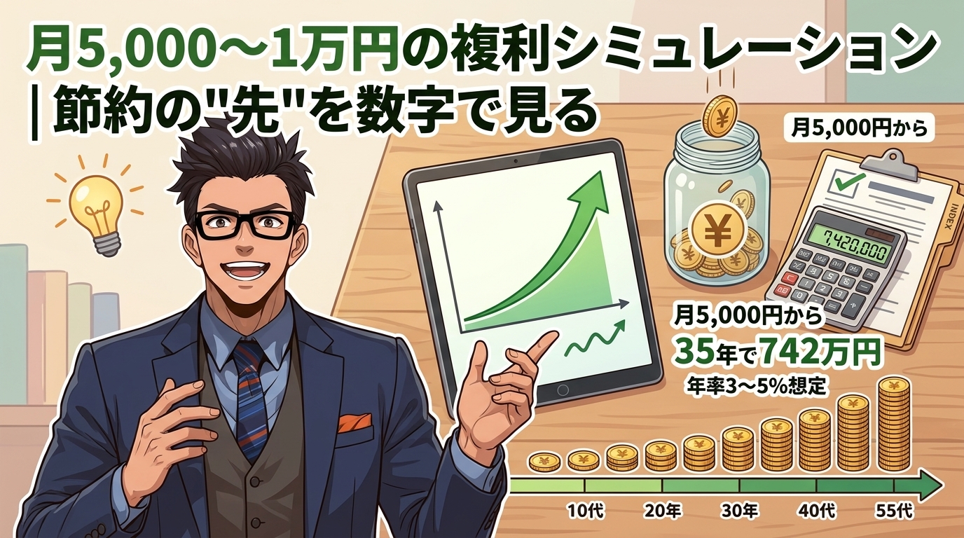 複利は裏切らないについて月5,000円からや35年で742万円や年率3〜5%想定などの要素を描いたイラスト