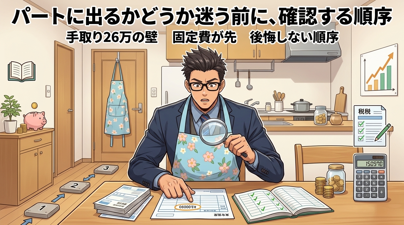 パートの前に、固定費を見直せについて手取り26万の壁や固定費が先や後悔しない順序などの要素を描いたイラスト